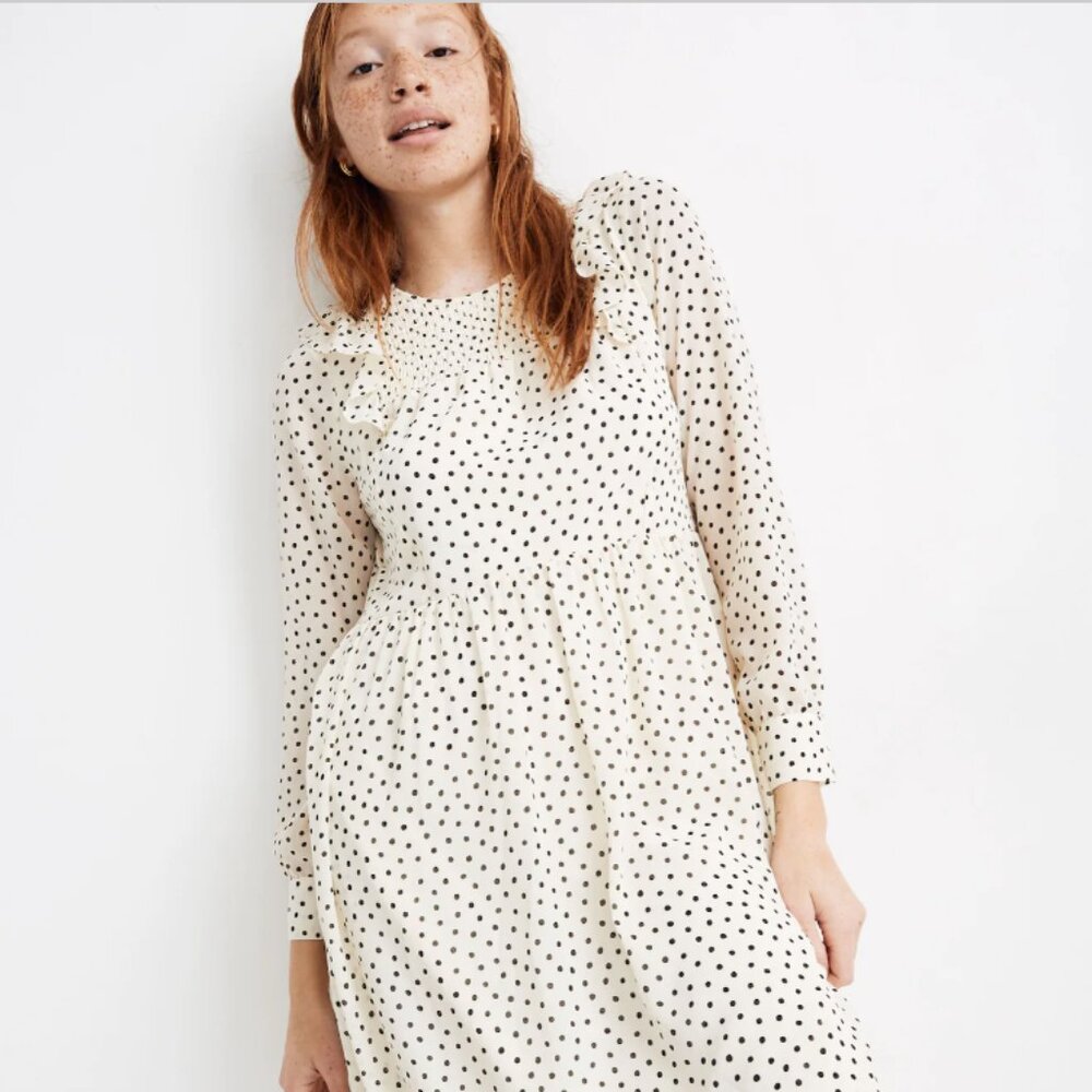 Madewell | Smocked Ruffle-Shoulder Midi Dress in Inkbrush Dots (NWT)